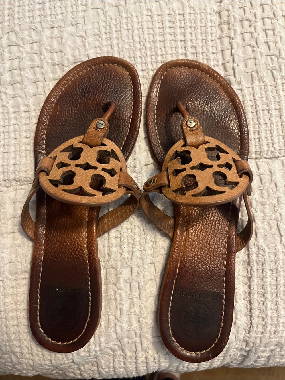 Tory Burch Brown Leather Logo Cutout Thong Sandals
